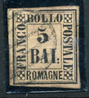 FILATELIA - ANTICHI STATI - ROMAGNE - Antichi Stati 1859 - 5 Bai - Valore in cornice - violetto - (6) - Cat. 650 € 
US