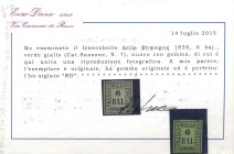 FILATELIA - ANTICHI STATI - ROMAGNE - Antichi Stati 1859 - 6 baj verde giallo (Sass. 7) Cat. 1000 € +- Cert. E. Diena 
NN