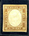FILATELIA - ANTICHI STATI - SARDEGNA - Antichi Stati 1854 - Effigie - Cent. 20 azzurro - (8) - Bel margine e bel frammento - Cat. 425 € -
US