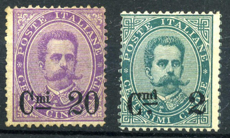 AREA ITALIANA - ITALIA REGNO 1890 - Cent. 2 su 5 e 20 su 50 violetto (firmato A....