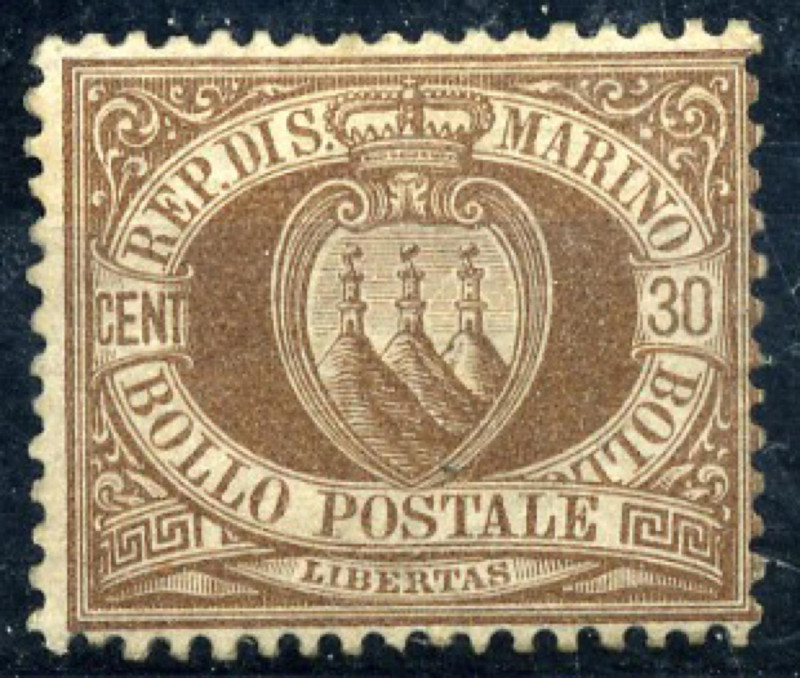 AREA ITALIANA - SAN MARINO 1877 - Stemma - Cent. 30 bruno - (6) - Cat. 600 € 
L...