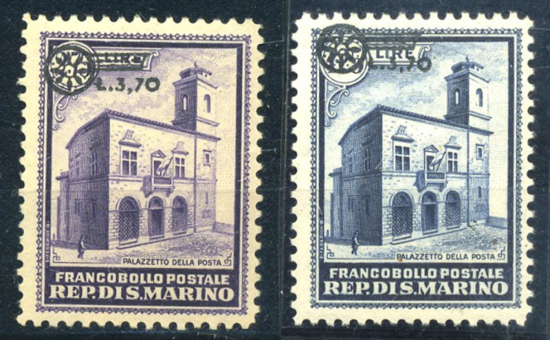 AREA ITALIANA - SAN MARINO 1934 - Palazzetto sovr. L. 3,70 - (184/85) - Firmati ...