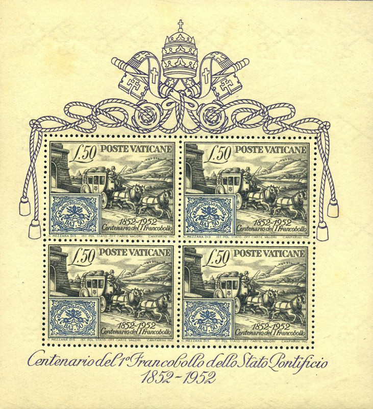 AREA ITALIANA - VATICANO - Blocco Foglietto 1952 - Cent. Francobollo - (1) - Cat...