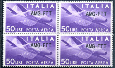 AREA ITALIANA - TRIESTE - ZONA A - Posta Aerea 1954 - Democratica - 50 lire con soprastampa modificata - Un. A22A - Bella quartina - Cat. 1800