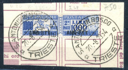 AREA ITALIANA - TRIESTE - ZONA A - Pacchi Postali 1954 - L. 1000 Cavallino - (26) - esemplare ben centrato su bel frammento di bollettino con annullo ...