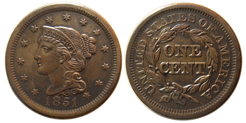 UNITED STATES. 1851. Braided Hair Large Cent. Nice brown patina. Choice UNC.