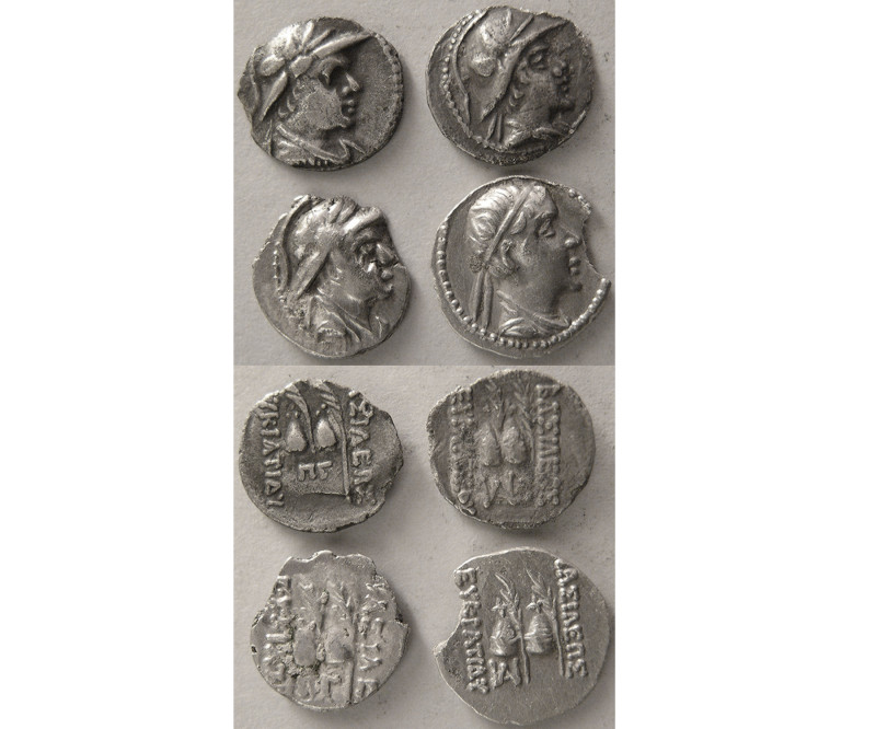 Group Lot of 4 Baktrian Kings, Eukratides I AR Obols. Some chipping on the edge....