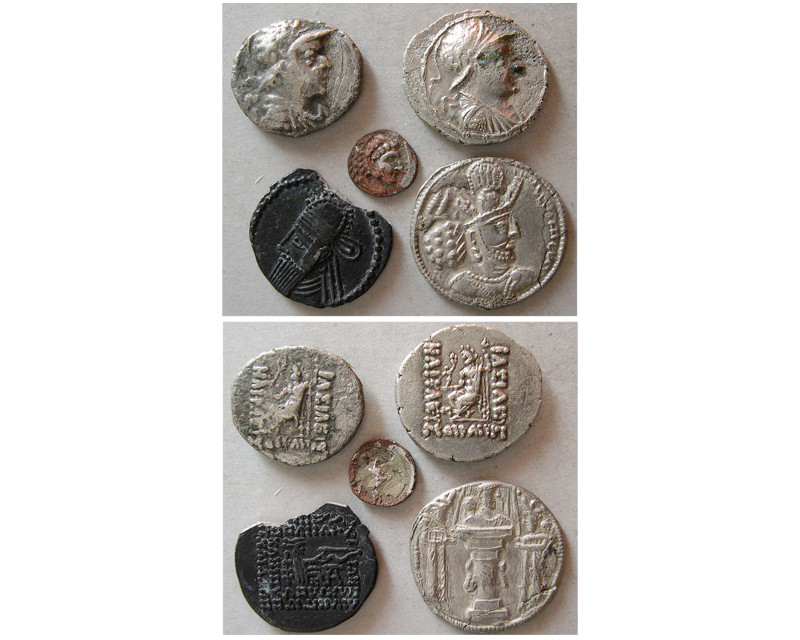 Group Lot of 5 Misc. Ancient Coins. Lot includes 2 Baktrian Kings, Heliokles AR ...