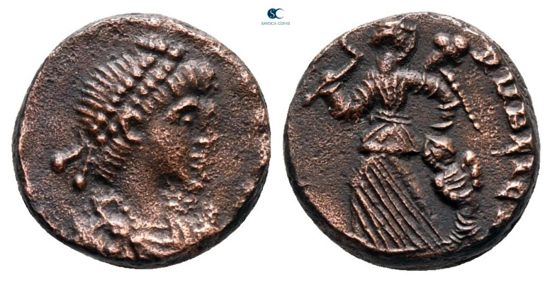 Theodosius I AD 379-395. Uncertain mint
Follis Æ

11 mm, 1,43 g



very f...