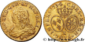 LOUIS XV THE BELOVED
Type : Louis d'or dit "aux lunettes" 
Date : 1734 
Mint name / Town : Amiens 
Quantity minted : 8284 
Metal : gold 
Millesimal fi...