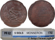 REVOLUTION COINAGE / CONFIANCE (MONNAIES DE…)
Type : Monneron de 5 sols à l'Hercule (Proof) 
Date : 1792 
Metal : bronze 
Diameter : 39,55  mm
Orienta...