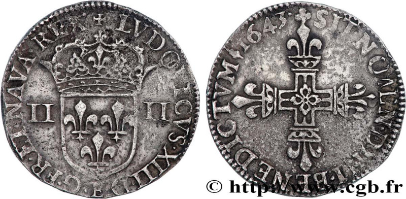 LOUIS XIII
Type : Quart d'écu, 1er type 
Date : 1643 
Mint name / Town : Tours 
...