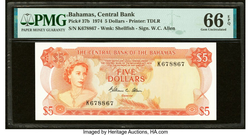 Bahamas Central Bank 5 Dollars 1974 Pick 37b PMG Gem Uncirculated 66 EPQ. HID098...