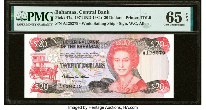 Bahamas Central Bank 20 Dollars 1974 (ND 1984) Pick 47a PMG Gem Uncirculated 65 ...