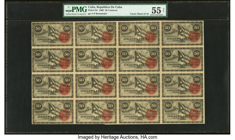 Cuba Republica de Cuba 50 Centavos 1869 Pick 54r Uncut Sheet of 16 Remainders PM...