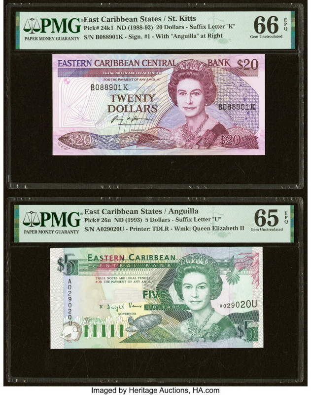 East Caribbean States Central Bank, St. Kitts; Anguilla 20; 5 Dollars ND (1988-9...