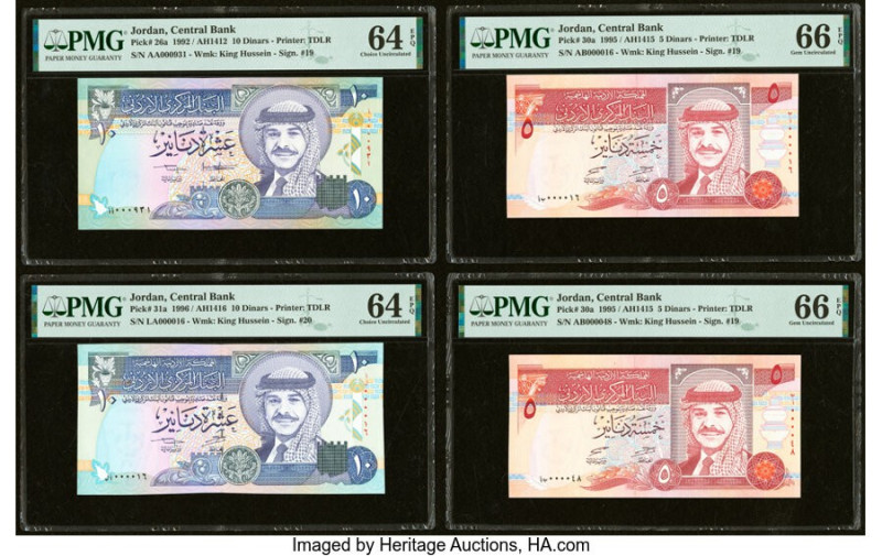 Low Serial Number Lot Jordan Central Bank of Jordan 10 (2); 5 (2) Dinars 1992; 1...