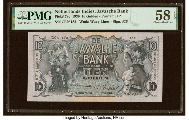 Netherlands Indies Javasche Bank 10 Gulden 1.8.1939 Pick 79c PMG Choice About Un...