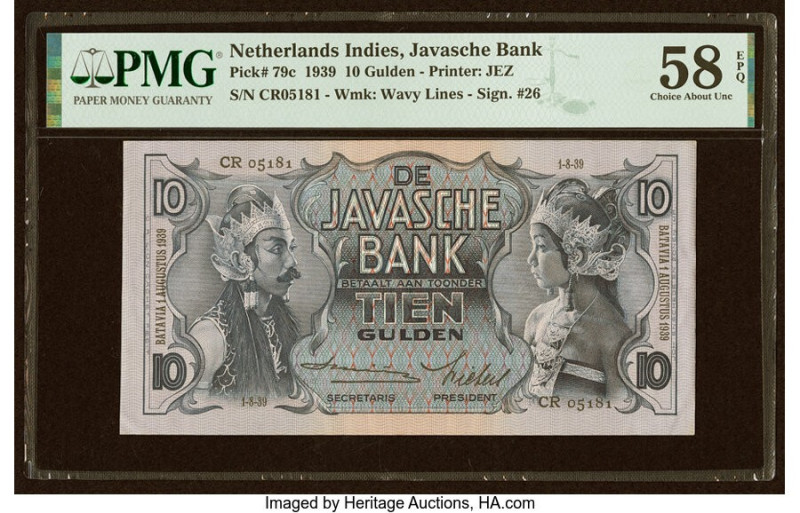 Netherlands Indies Javasche Bank 10 Gulden 1.8.1939 Pick 79c PMG Choice About Un...