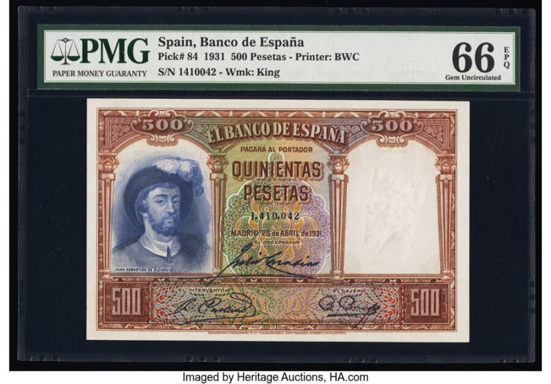 Spain Banco de Espana 500 Pesetas 25.4.1931 Pick 84 PMG Gem Uncirculated 66 EPQ....