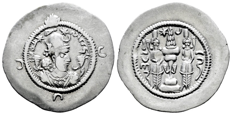 Sassanid Empire. Khusro I. Drachm. RY 15. WH (Veh-Ardashir). (Göbl-II/2). Ag. 4,...