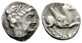 Emporiton-Emporion. Drachm. Century III-II BC. Cataluña. (Abh-1141). Anv.: Female head right with simple crown of ears. Rev.: Pegasus, with Chrysaor h...