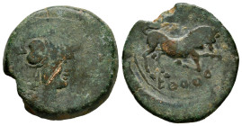 Untikesken. Half unit. 130-90 BC. L’Escala, Ampurias (Girona). (Abh-1226). (Acip-1012). (C-17). Anv.: Head of Pallas right, UNTIKESKEN before. Rev.: B...
