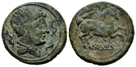 Iltirta. Unit. 200-20 BC. Lleida (Cataluña). (Abh-1465). (Acip-1261). (C-29). Anv.: Male head right, three dolphins around. Rev.: Horseman right, hold...