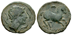 Iltirta. Half unit. 200-20 BC. Lleida (Cataluña). (Abh-1466). (Acip-1259). Anv.: Male head right, three dolphins around. Rev.: Horse right, crescent a...