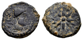 Malaka. Sextans. 200-20 BC. Malaga. (Abh-1744). (Acip-798). Anv.: Head of Vulcan right, punic legend behind. Rev.: Eight-rayed star with intercalation...