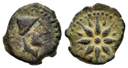 Malaka. Sextans. 200-20 BC. Malaga. (Abh-1744). Anv.: Head of Vulcan right, punic legend behind. Rev.: Eight-rayed star with intercalations. Ae. 1,86 ...