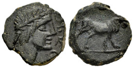 Obulco. Half unit. 220-20 BC. Porcuna (Jaén). (Abh-1831). Anv.: Head of Apollo right , OB (VL ligate) C before. Rev.: Bull right, crescent above. Ae. ...