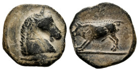 Obulco. Quadrans. 220-20 BC. Porcuna (Jaén). (Abh-1853). (Acip-2249). (C-70). Anv.: Horse’s head right, (OBVLCO) below. Rev.: Boar left. Ae. 2,76 g. V...
