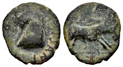 Obulco. Cuadrante. 220-20 BC. Porcuna (Jaén). (Abh-1855). Anv.: Horse’s head left, (MIN)SANI below. Rev.: Boar right, mace above and legend (SIS). Ae....