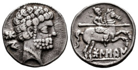 Bolskan. Denarius. 180-20 BC. Huesca. (Abh-1911). (Abh-1417). Anv.: Bearded head right, iberian letters BON behind. Rev.: Horseman right, holding spea...