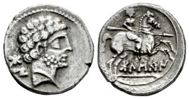 Bolskan. Denarius. 180-20 a.C. Huesca. (Abh-1191). (Acip-1417). Anv.: Bearded head right, iberian letters BON behind. Rev.: Horseman right, holding sp...