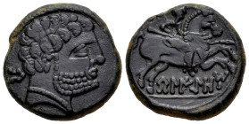 Belikiom. Unit. 120-20 BC. Belchite (Zaragoza). (Abh-243). (Acip-1433). Anv.: Bearded head right, iberian letter BE behind. Rev.: Horseman right, hold...