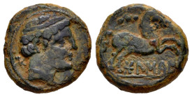 Bolskan. Cuadrante. 180-20 BC. Huesca. (Abh-1922). Anv.: Diademed head right, iberian letter BO behind. Rev.: Horse leaping right, three pellets above...