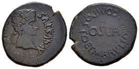 Osca. Augustus period. Half unit. 24 BC - 14 AD. Huesca. (Abh-1932). (Acip-3214). Anv.: AVGVSTVS. DIVI. F. around laureate head of Augustus right. Rev...