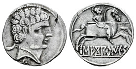 Sekobirikes. Denarius. 120-30 BC. Saelices (Cuenca). (Abh-2168). (Acip-2168). Anv.: Male head right, crescent behind and iberian letter S below. Rev.:...