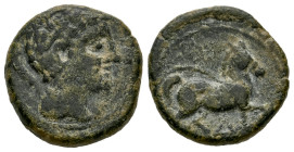 Kese. Half unit. 220-200 BC. Tarragona. (Abh-2310). (Acip-1180). Anv.: Male head right, rudder behind. Rev.: Horse trotting right, below and between l...
