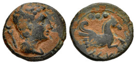 Kese. Quadrans. 220-200 BC. Tarragona. (Abh-2330). (Acip-1133). Anv.: Male head right, caduceus behind. Rev.: Forepart of Pegasus right, iberian legen...