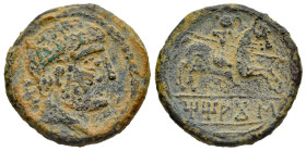 Titiakos. Unit. 120-20 BC. Tricio (La Rioja). (Abh-2392). (Acip-1890). (C-3). Anv.: Bearded head right, iberian letter TI behind. Rev.: Horseman right...