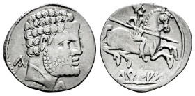 Turiasu. Denarius. 120-20 BC. Tarazona (Zaragoza). (Abh-2417). Anv.: Bearded head right, iberian letter KA, S and TU. Rev.: Horseman right, holding sp...