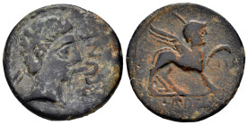 Ursone. Unit. 50 BC. Osuna (Sevilla). (Abh-2498). Anv.: Laureate male head right, VRSONE before. Rev.: Sphinx right, L. AP. DEC. Q. F below. Ae. 9,91 ...