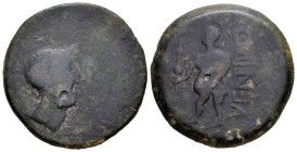 Ventipo. Unit. 150-50 BC. Casariche (Sevilla). (Abh-2517). (Acip-2331). Anv.: Helmeted male head right. Rev.: Helmeted soldier left, holding shield an...