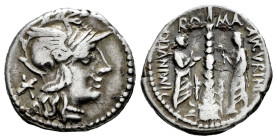 Minucius. Ti. Minucius Augurinus. Denarius. 134 BC. Rome. (Ffc-925). (Craw-243/1). (Cal-1026). Anv.: Head of Roma right, X (rarely X) behind. Rev.: RO...