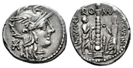 Minucius. Ti. Minucius Augurinus. Denarius. 134 BC. Rome. (Ffc-925). (Craw-243/1). (Cal-1026). Anv.: Head of Roma right, X (rarely X) behind. Rev.: RO...