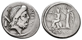 Nonius. M. Nonius Sufenas. Denarius. 59 BC. Rome. (Ffc-941). (Craw-421/1). (Cal-1048). Anv.: SVFENAS before head of Saturn right, harpa, conical stone...