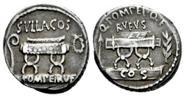 Pompeius. Q. Pompeius Rufus. Denarius. 54 BC. Rome. (Ffc-1025). (Craw-434/2). (Cal-1152). Anv.: Q. POMPEI. Q. F. / RVFVS., above curule chair between ...